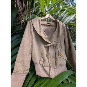 Bebe Y2K Jacket L 100% Linen Cropped coat Tan Boho Chic McBling hip hop hippie